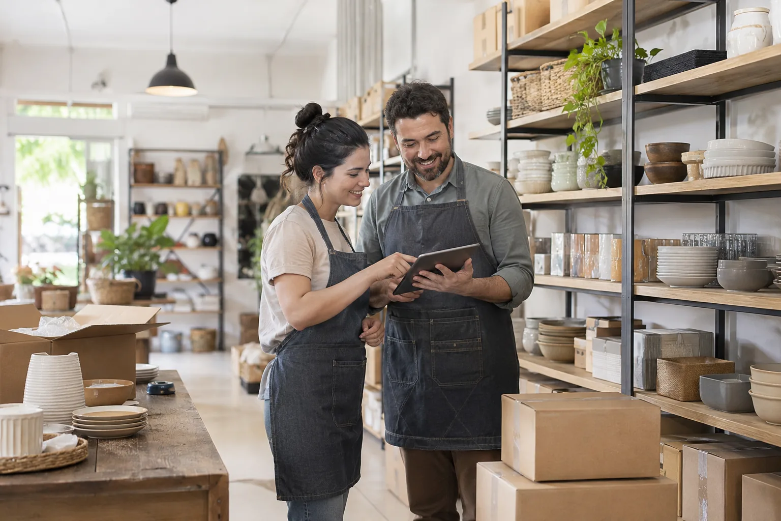 Pequeno negócio com ambiente de trabalho e estoque organizados