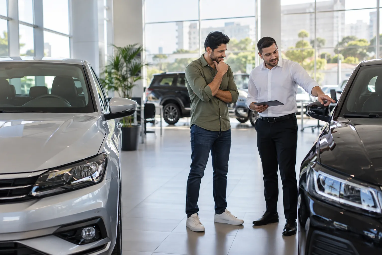 Cliente comparando veículos em uma concessionária