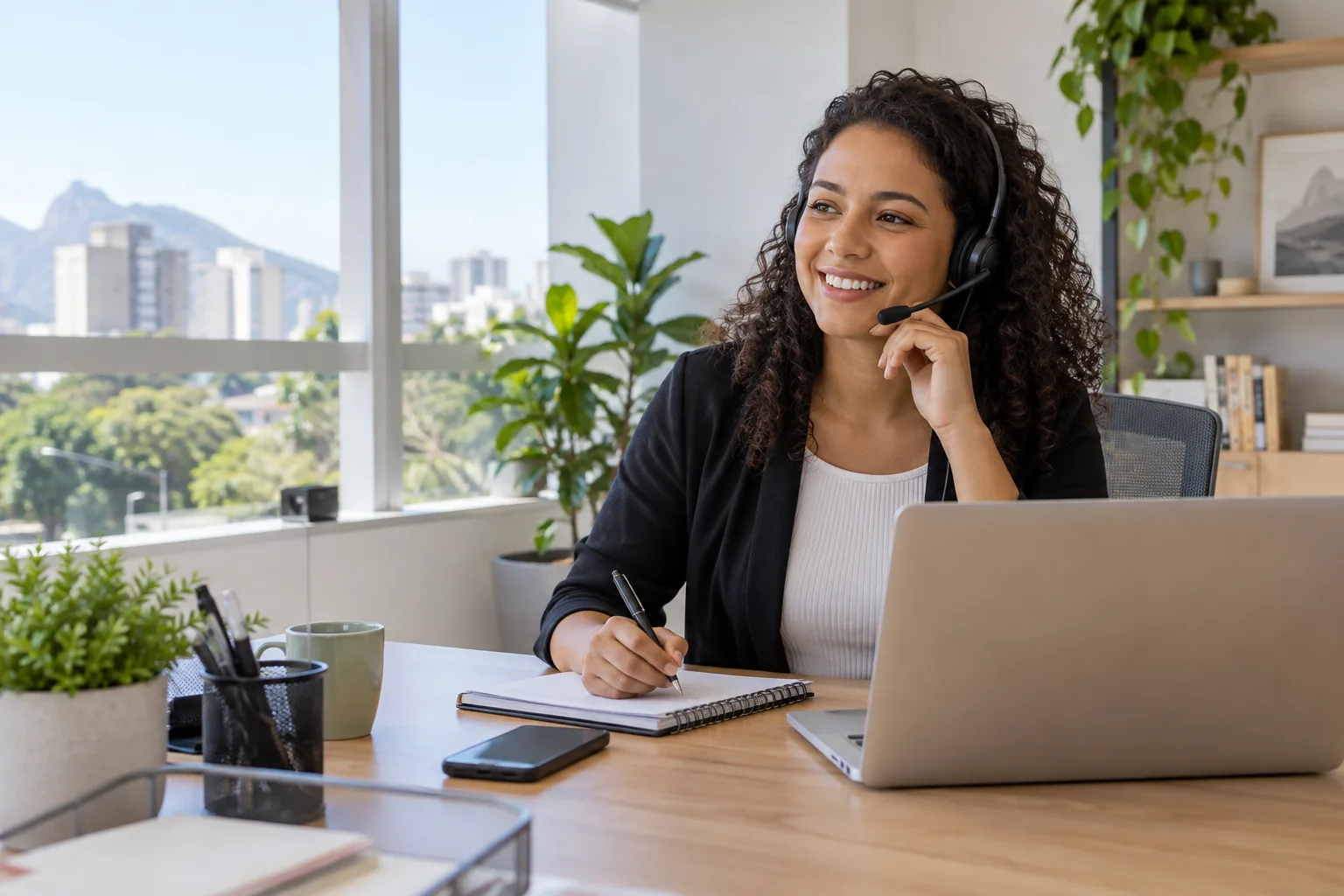Profissional de atendimento conversando por telefone em seu escritório