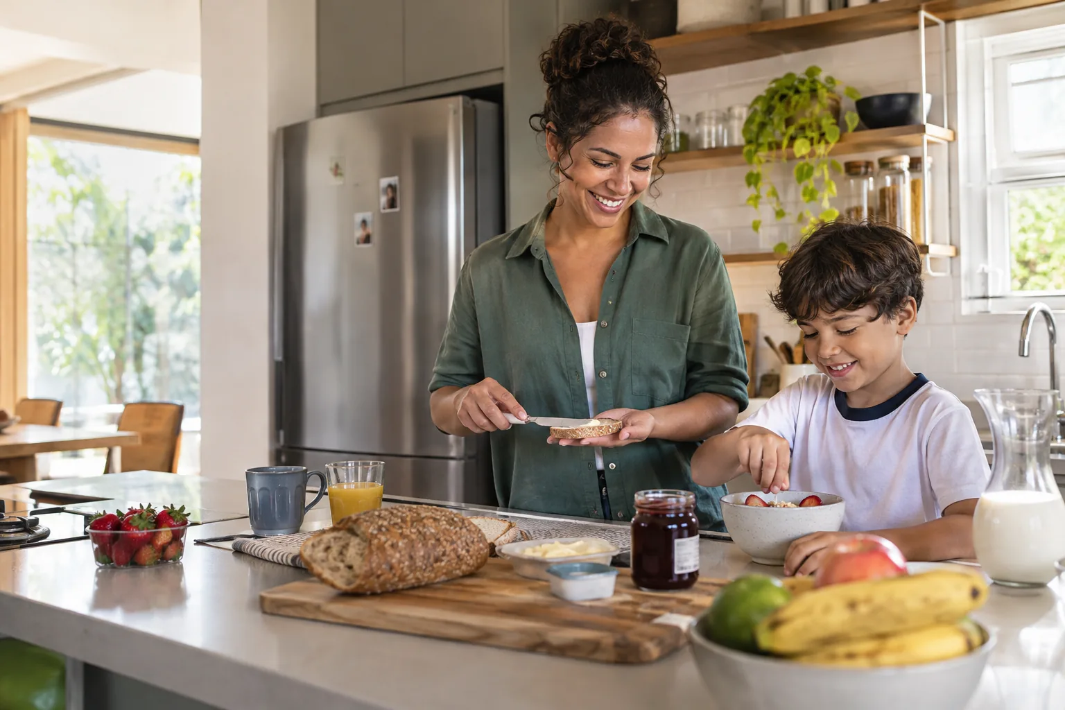 Mãe e filho preparando o café da manhã juntos