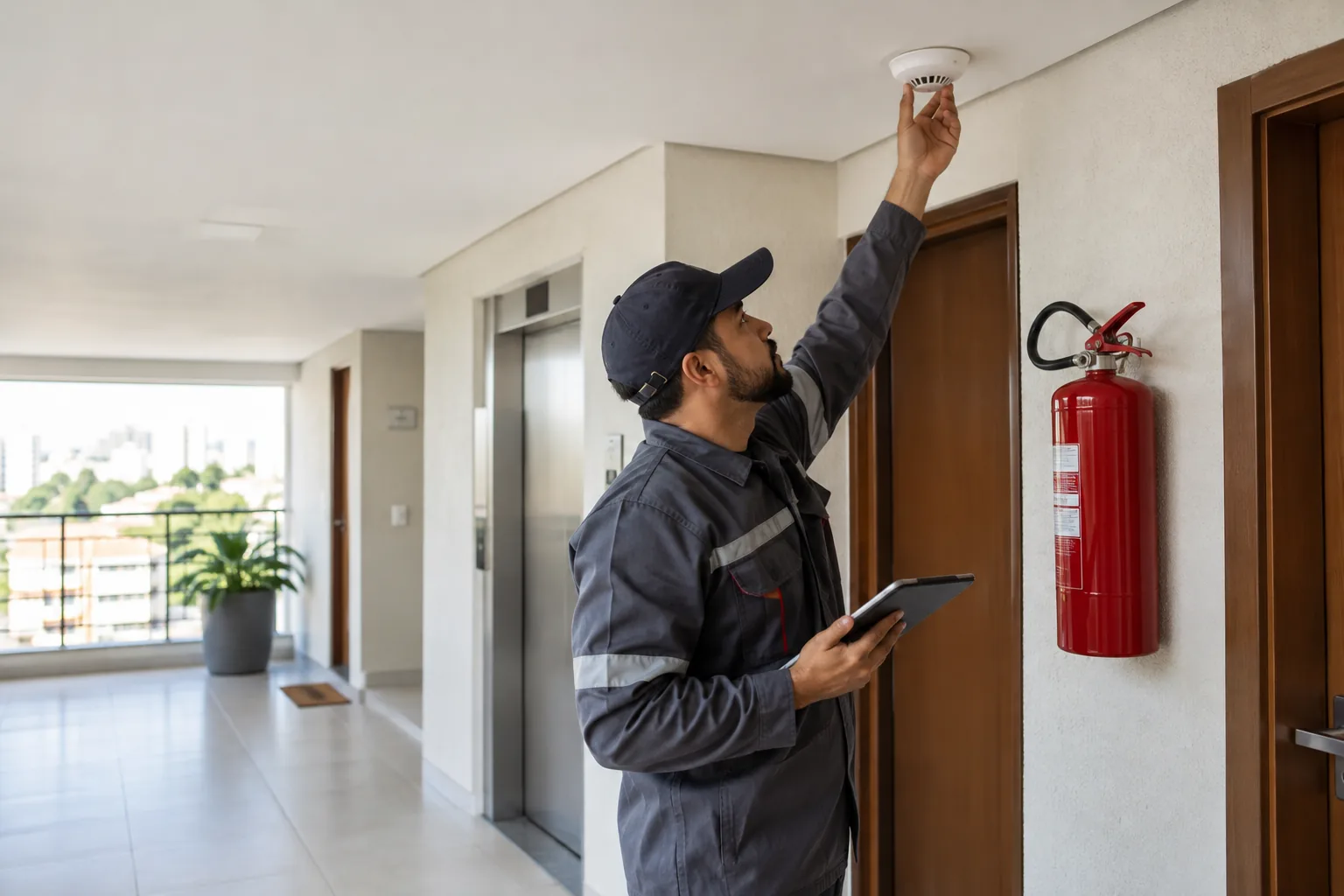 Profissional verificando equipamentos de prevenção de incêndio em imóvel
