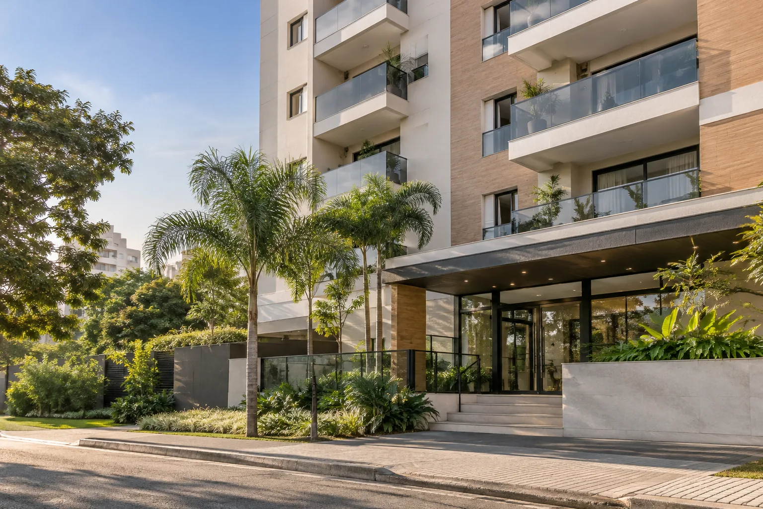 Edifício residencial com entrada e varandas