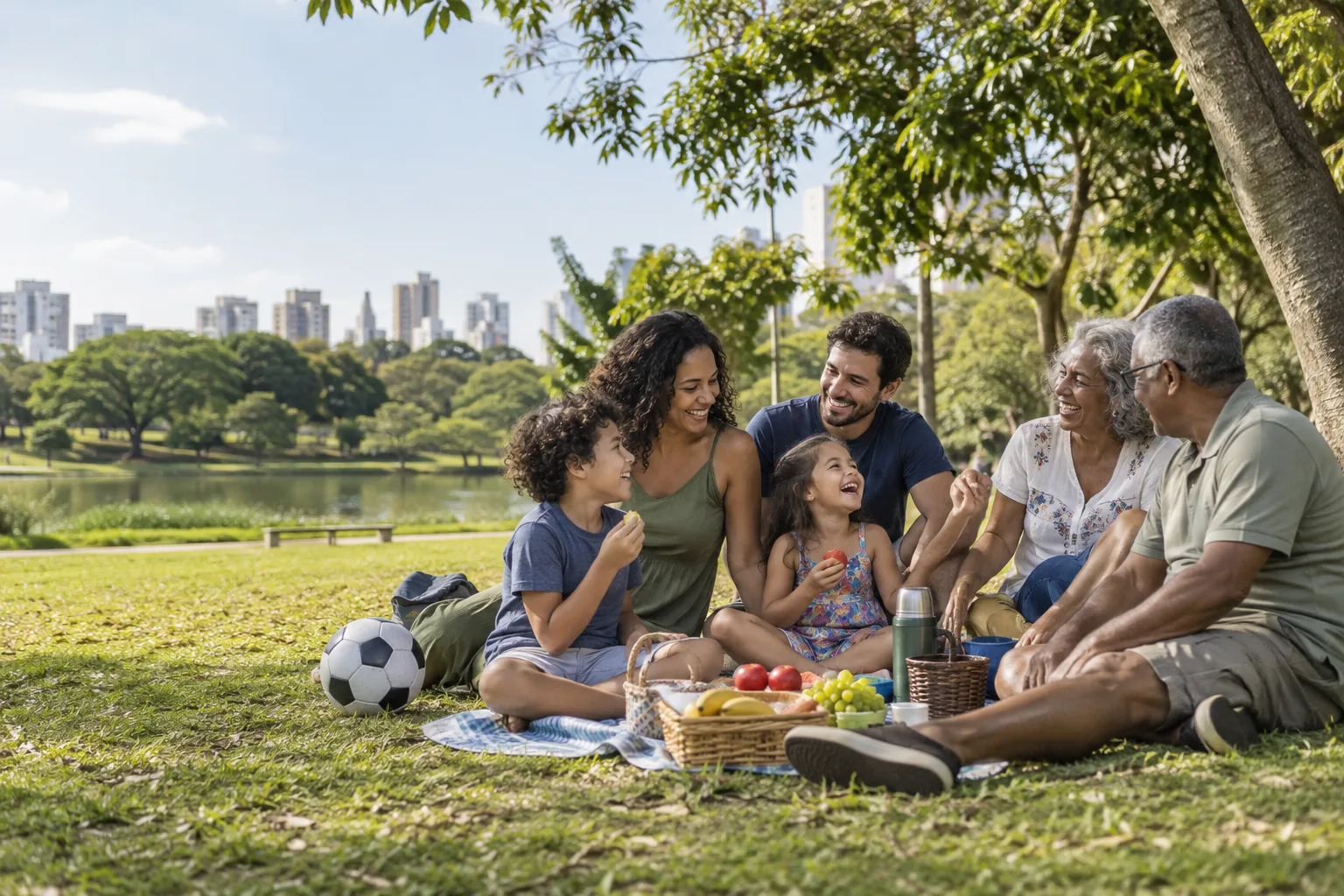 Família de várias gerações reunida em um parque